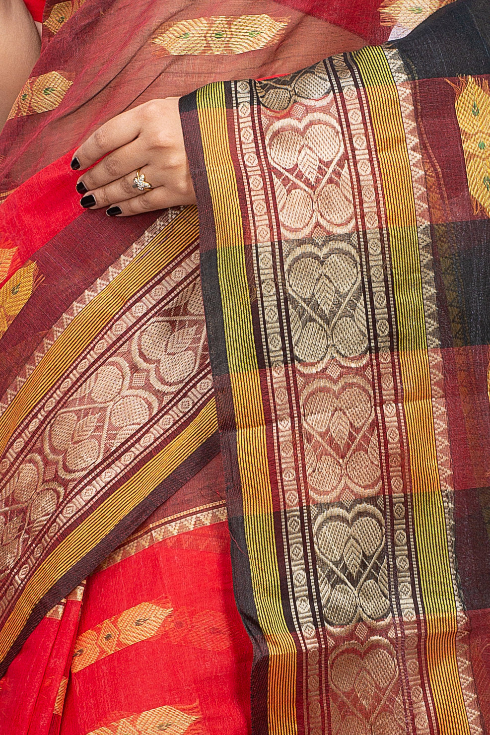 Red Pure Cotton Raj Nandi Desigine Tant Saree (2805)